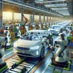 "Imagem de robôs autônomos operando em uma fábrica de automóveis no Brasil, demonstrando a inovação na indústria automotiva e a automação de processos de produção."